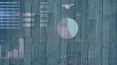 Ahşap arka planda finansal veri işleme animasyonu. Küresel iş, finans ve dijital arayüz kavramı dijital olarak oluşturulmuş video.