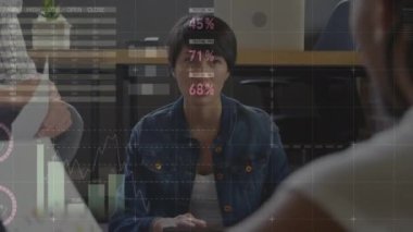 Animation of financial data processing over diverse business people. Global business, finances and digital interface concept digitally generated video.