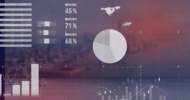Şehir manzarasının havadan görüntüsüne karşı istatistiksel veri işleme animasyonu. Bilgisayar arayüzü ve iş veri teknolojisi kavramı