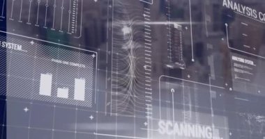 Şehir manzarasının havadan görüntüsüne karşı veri işleme arayüzünün animasyonu. Bilgisayar arayüzü ve iş teknolojisi kavramı