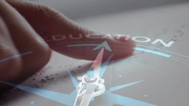 Kafkas çocuk körler alfabesi okurken üzerinde yazı olan pusula animasyonu. Küresel eğitim, öğrenme ve dijital arayüz kavramı dijital olarak oluşturulmuş video.