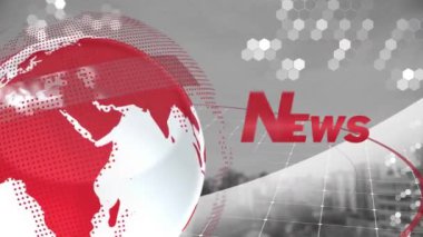 Şehir manzarası üzerindeki veri işleme ve küre animasyonu. Küresel iş ve dijital arayüz kavramı, dijital olarak oluşturulmuş video.