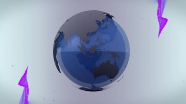 Dünyanın dört bir yanındaki kurdelelerin ve soyut arka plandaki mor dalga desenlerinin animasyonu. Dijital olarak üretilmiş, hologram, küreselleşme, illüstrasyon, vektör ve teknoloji kavramı.