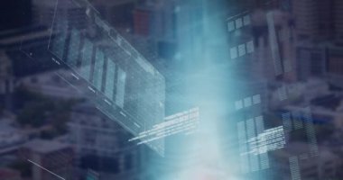 Şehir manzarası üzerinde finansal veri işleme animasyonu. küresel iş, finans ve dijital arayüz kavramı dijital olarak oluşturulmuş video.