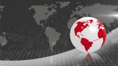 Dünya haritası ve şehir manzarası üzerindeki veri işleme ve küresinin animasyonu. Küresel iş ve dijital arayüz kavramı, dijital olarak oluşturulmuş video.