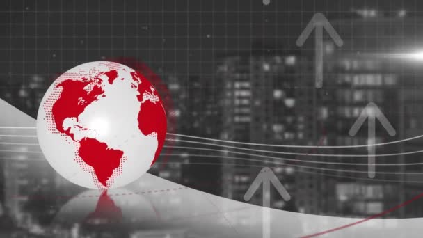 Animación Procesamiento Datos Globo Sobre Paisaje Urbano Concepto Negocio Global — Vídeo de stock