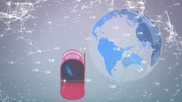 红色信箱中的符号动画 数字环绕相连的圆点和旋转的球体 数字生成的全息图 全球化和技术概念 — 图库视频影像