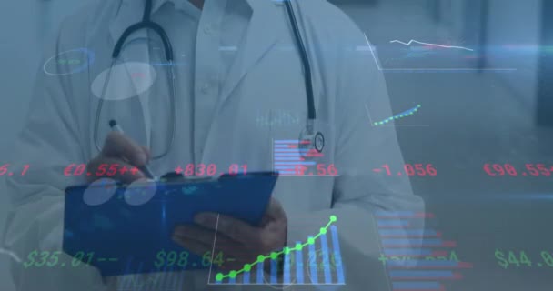 Animation Statistical Data Processing Caucasian Male Doctor Writing Clipboard Hospital — Stock Video