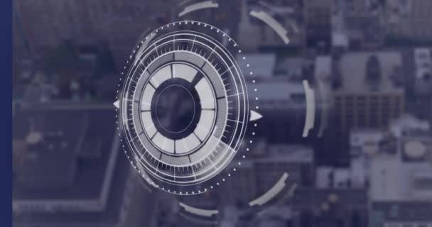 Анимация Круглого Сканера Интерфейса Обработкой Данных Воздушным Видом Городской Пейзаж — стоковое видео
