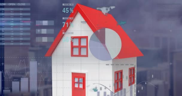 高い建物の空中ビューに対する家のアイコン上の統計データ処理のアニメーション ビジネスデータ技術の概念 — ストック動画