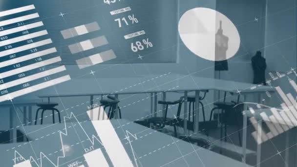 空のオフィスでの財務データ処理のアニメーション グローバルビジネス デジタルインターフェイスの概念デジタル生成されたビデオ — ストック動画