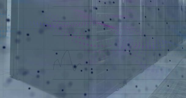 视频显示了一个3D的Dna链 由背景为紫色和黑色的白色粒子旋转而形成 — 图库视频影像