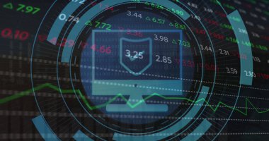 Borsada kara fon üzerinde bilgisayar simgesi olan bir tarama resmi. Küresel teknoloji, çevrimiçi güvenlik ve dijital arayüz kavramı dijital olarak oluşturulmuş görüntü.