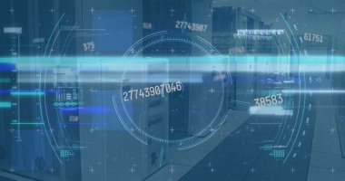 Boş ofis üzerinde tarama ve veri işleme alanı resmi. Küresel iletişim teknolojisi ve veri paylaşım kavramı dijital olarak oluşturulmuş görüntü.