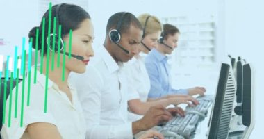 Animation of financial data processing over diverse business people. Global business, finances and digital interface concept digitally generated video.