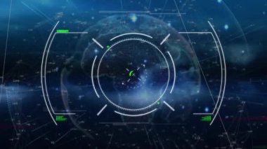 Çemberler, dünya, bağlantılı noktalar, soyut arkaplan karşısındaki sayılar üzerindeki hata tekniğinin animasyonu. Dijital olarak üretilmiş, hologram, küreselleşme, aydınlanma, rakamlar ve teknoloji konsepti.