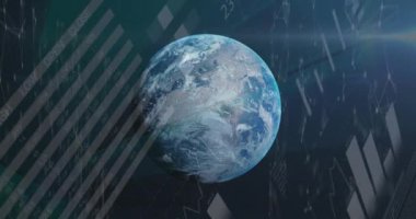 Dünya çapında istatistiksel veri işlemenin animasyonu bağlantı ağı ekranlarına karşı. Küresel ağ ve iş veri teknolojisi kavramı