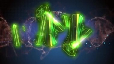 DNA iplikçiklerinin etrafında dönen parlayan yeşil bloğun animasyonu. Küresel veri işleme, ağlar, bağlantılar ve dijital olarak oluşturulmuş video konsepti.