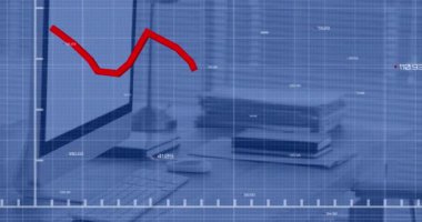 Ofisteki bir masanın kapatılmasına karşı istatistiksel veri işleme animasyonu. İş veri teknolojisi kavramı