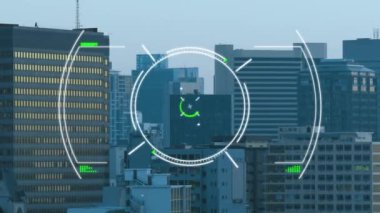 Modern binaları ve bulutsuz gökyüzü olan bir şehir manzarası. Küresel işletme finansmanı ve dijital arayüz kavramı dijital olarak oluşturulmuş video.
