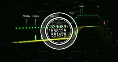 Siyah arkaplandaki grafik ve rakamlar üzerinden çemberdeki numaraları değiştirmenin animasyonu. Dijital olarak üretilmiş, hologram, rapor, iş, aydınlanma, illüstrasyon ve teknoloji kavramı.