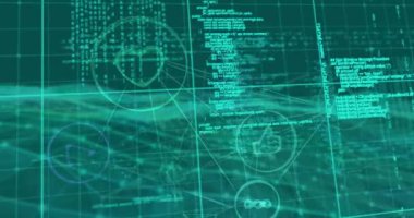 Bağlantı ağı üzerinden veri işleme animasyonu. Dijital olarak oluşturulmuş küresel bağlantılar, hesaplama ve veri işleme kavramı.