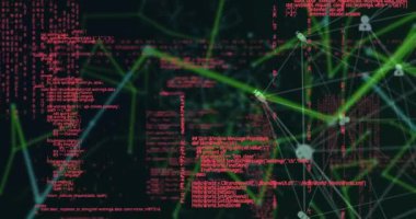 Bağlantı ağı üzerinden veri işleme animasyonu. Dijital olarak oluşturulmuş küresel bağlantılar, hesaplama ve veri işleme kavramı.