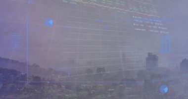 Borsa veri işlemesinin dijital animasyonu dünya haritasında mavi arka planla karşılaştırılıyor. Küresel iş veri işleme ve dijital arayüz konsepti dijital olarak oluşturulmuş video.