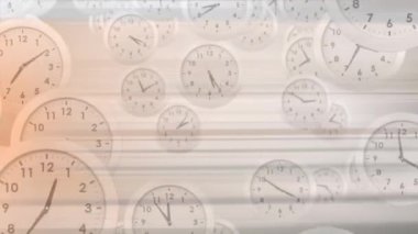 Beyaz arka planda çizgilerin üzerinde hareket eden birden fazla saatin animasyonu. Küresel iş, zaman ve dijital arayüz kavramı dijital olarak oluşturulmuş video.