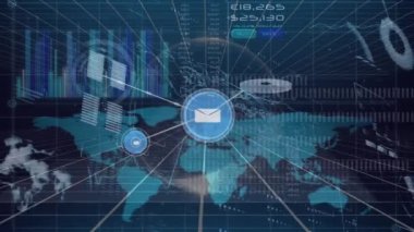 Çizgiler, çubuklar, raporlar ve soyut arkaplan ile bağlantılı simgelerin canlandırılması. Dijital olarak üretilmiş, hologram, küresel, ilerleme, iletişim, iş ve teknoloji kavramı.