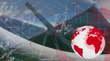 Dünya 'nın animasyonu, bağlantıları ve güneş panelleri üzerindeki veri işlemesi. Küresel sürdürülebilirlik, iş, finans, bağlantılar, hesaplama ve veri işleme kavramı dijital olarak oluşturulmuş video.