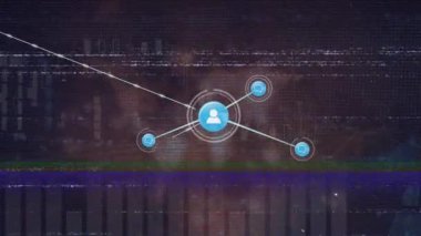 İstatistiksel veri işlemeye karşı profil simgeleri ağı üzerinde TV statik etkisinin animasyonu. Küresel ağ ve iş teknolojisi kavramı