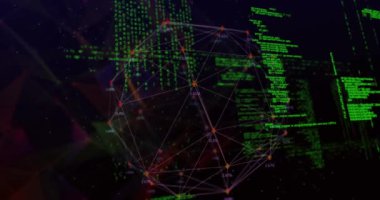 Bağlantı ağı üzerinden veri işleme animasyonu. Dijital olarak oluşturulmuş küresel bağlantılar, hesaplama ve veri işleme kavramı.