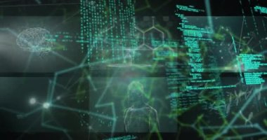 Mavi ve siyah uzayda veri işleme üzerinde el biyonik güvenlik sisteminin animasyonu. Dijital arayüz ve teknoloji konsepti dijital olarak oluşturulmuş video bağlantıları.