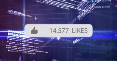 Sosyal medya ikonu, numaralar ve finansal veri işleme animasyonu. Dijital olarak oluşturulan küresel sosyal medya, işletme, finans, hesaplama ve veri işleme kavramı.