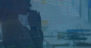 Ofisteki bilgisayarla işadamının finansal veri işleme animasyonu. Küresel işletme finansmanı ve veri işleme kavramı dijital olarak oluşturulmuş video.