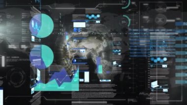 Dönen dünya üzerinde bilgi arayüzü animasyonu, arka planda çubuklar ve harita yükleme. Dijital olarak üretilmiş, hologram, küreselleşme, ilerleme, rapor, iş dünyası, soyut ve teknoloji kavramı.
