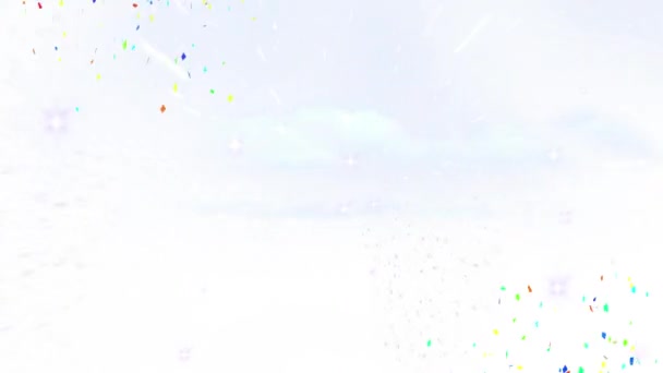 白い背景のコピースペースに対して虹色のレンズフレアに落ちるコンフェッティのアニメーション 技術的背景概念 — ストック動画