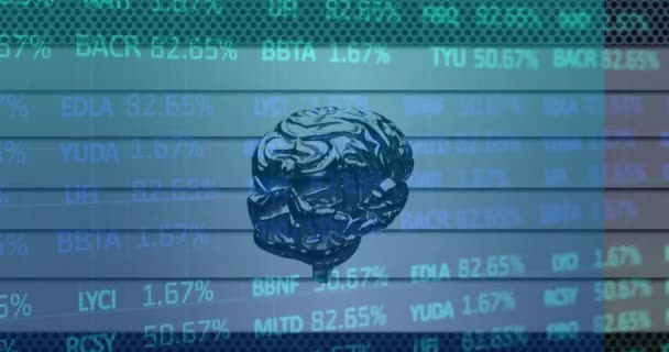Animação Processamento Dados Mercado Ações Sobre Fiação Cérebro Humano Contra — Vídeo de Stock