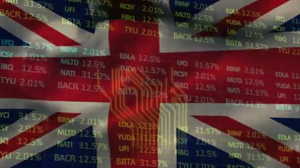 株式市場のデータ処理と英国フラグを振ってマイクロプロセッサ接続のアニメーション 世界経済とビジネス技術の概念 — ストック動画