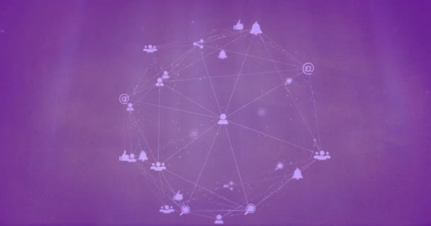 Animación Red Conexiones Con Iconos Sobre Fondo Púrpura Redes Globales — Vídeo de stock