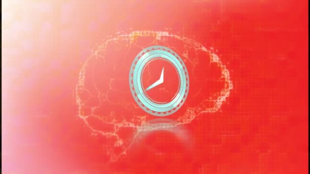 Анимация Часов Движущихся Над Человеческим Мозгом Вращающихся Красном Фоне Научно — стоковое видео