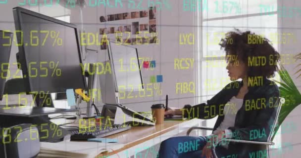 Animation Stock Market Data Processing Biracial Female Graphic Designer Using — Stock Video