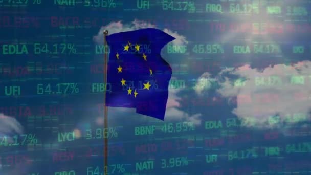 Animación Del Procesamiento Datos Del Mercado Valores Sobre Ondear Bandera — Vídeos de Stock