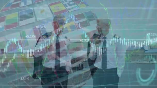 Animação Processamento Dados Globo Com Bandeiras Nacionais Sobre Diversos Empresários — Vídeo de Stock