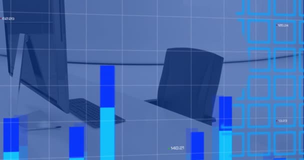 Animace Zpracování Statistických Údajů Celé Mapě Světa Proti Uzavření Kanceláře — Stock video