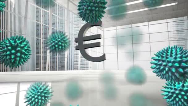 Animazione Cellule Covid Galleggianti Sopra Simbolo Euro Che Rompono Cadono — Video Stock