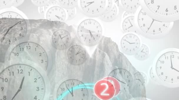 白い背景に岩の上を移動する複数の時計のアニメーション グローバルビジネス デジタルインターフェースの概念デジタル生成されたビデオ — ストック動画