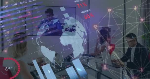 Animação Globo Processamento Dados Financeiros Sobre Armazém Conexões Globais Tecnologia — Vídeo de Stock