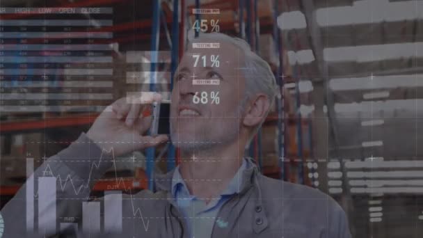 Animation Data Processing Caucasian Businessman Talking Smartphone Global Business Finances — Stockvideo